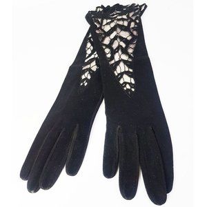 1950s Vintage French Suede Leather Lace Opera Gloves Embroidered Black Size XS